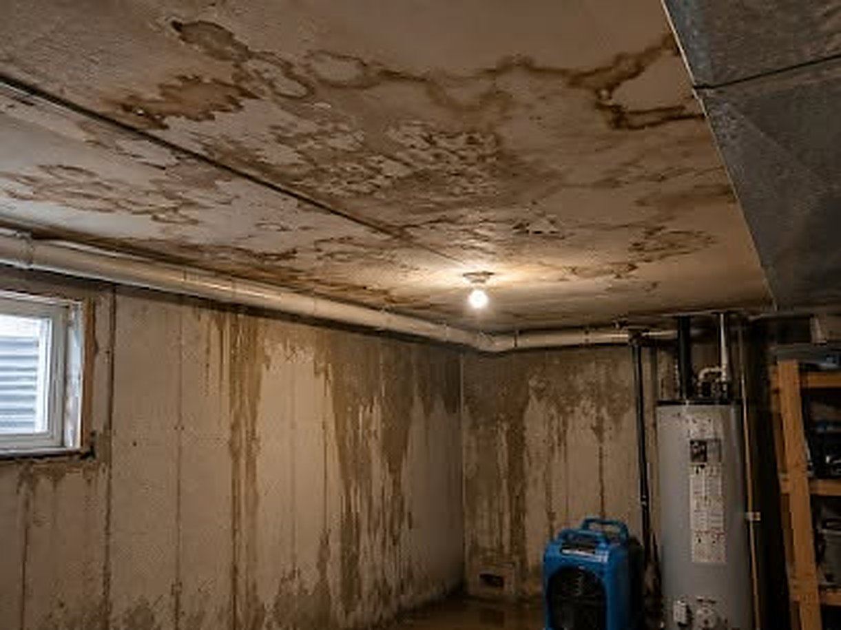 Water-stained basement ceiling and walls beside a water heater with an air mover running