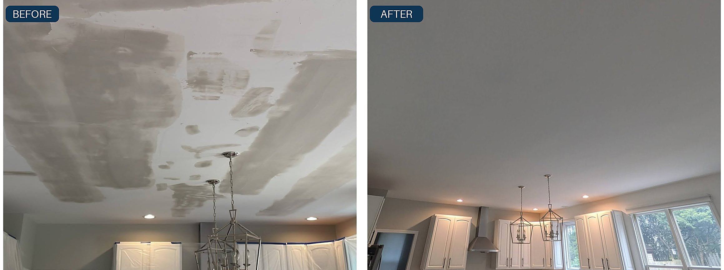 Before and after comparison of a water-stained kitchen ceiling that was sealed, primed and repainted