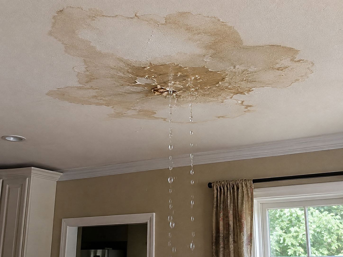 Large brown water stain on a ceiling with water actively dripping into the room